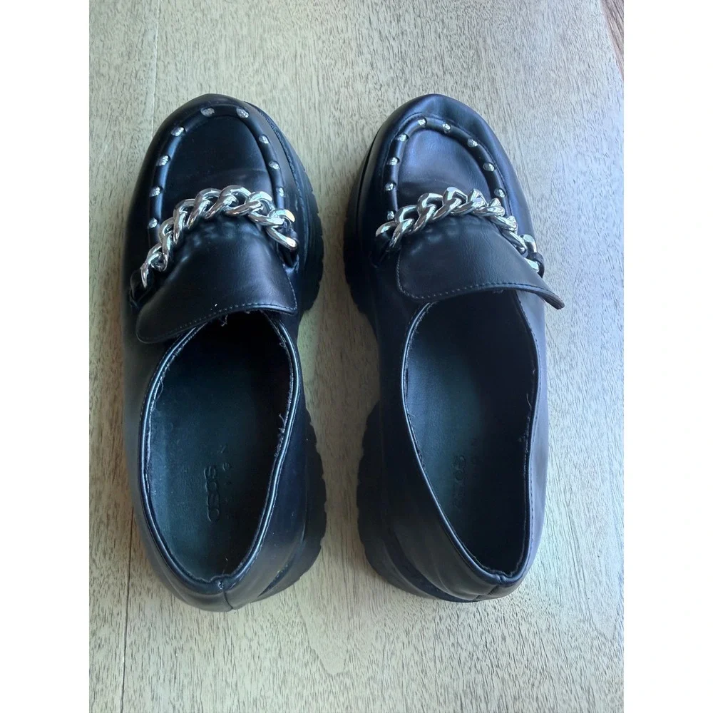ASOS DESIGN Womens Black Chunky Platform Loafers Silver Chain Goth Scene US8